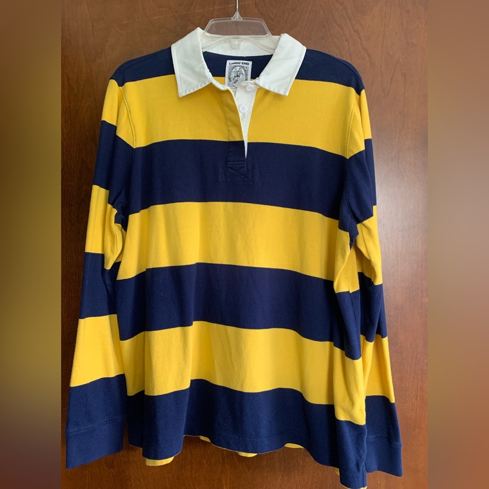Lands' End Yellow, Navy & White Striped Rugby Polo